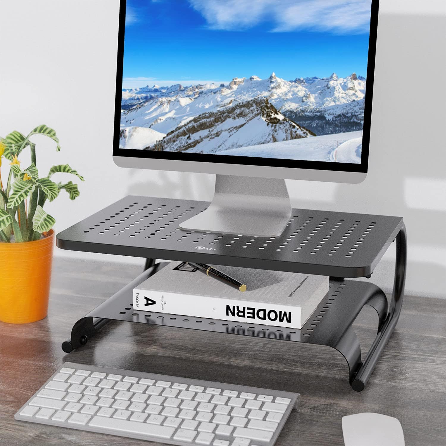 WALI Monitor Stand Riser, Computer Desktop Stand Riser Holder, Vented Metal 2 Tier Desk Shelf for Desk Organizer (STT001B-2), 2 Pack, Black