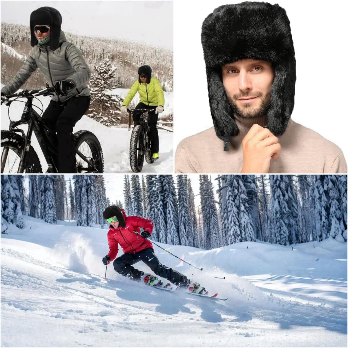 Chapeau de trappeur d'hiver - Chapeau russe - Chapeau d'hiver chaud avec oreilles - Coupe-vent - Fausse fourrure - Noir - Pour le patinage, l'extérieur ou un usage quotidien.