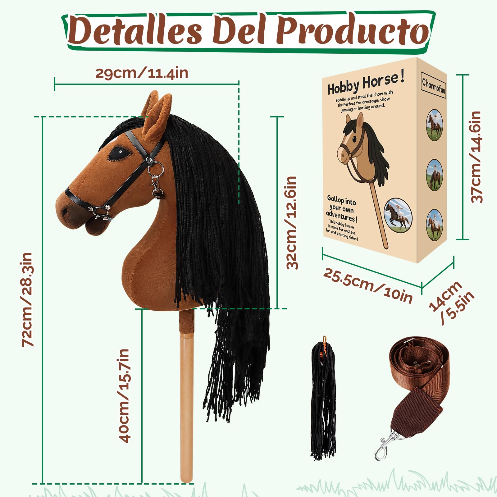 Charmofun Hobby Horse, Caballo de Palo para Niños, Caballo Juguete para Montar con Cabeza A3, Suave Arnés de Felpa y Cola Fluida, Ideal para Juego y Regalo (Marrón)