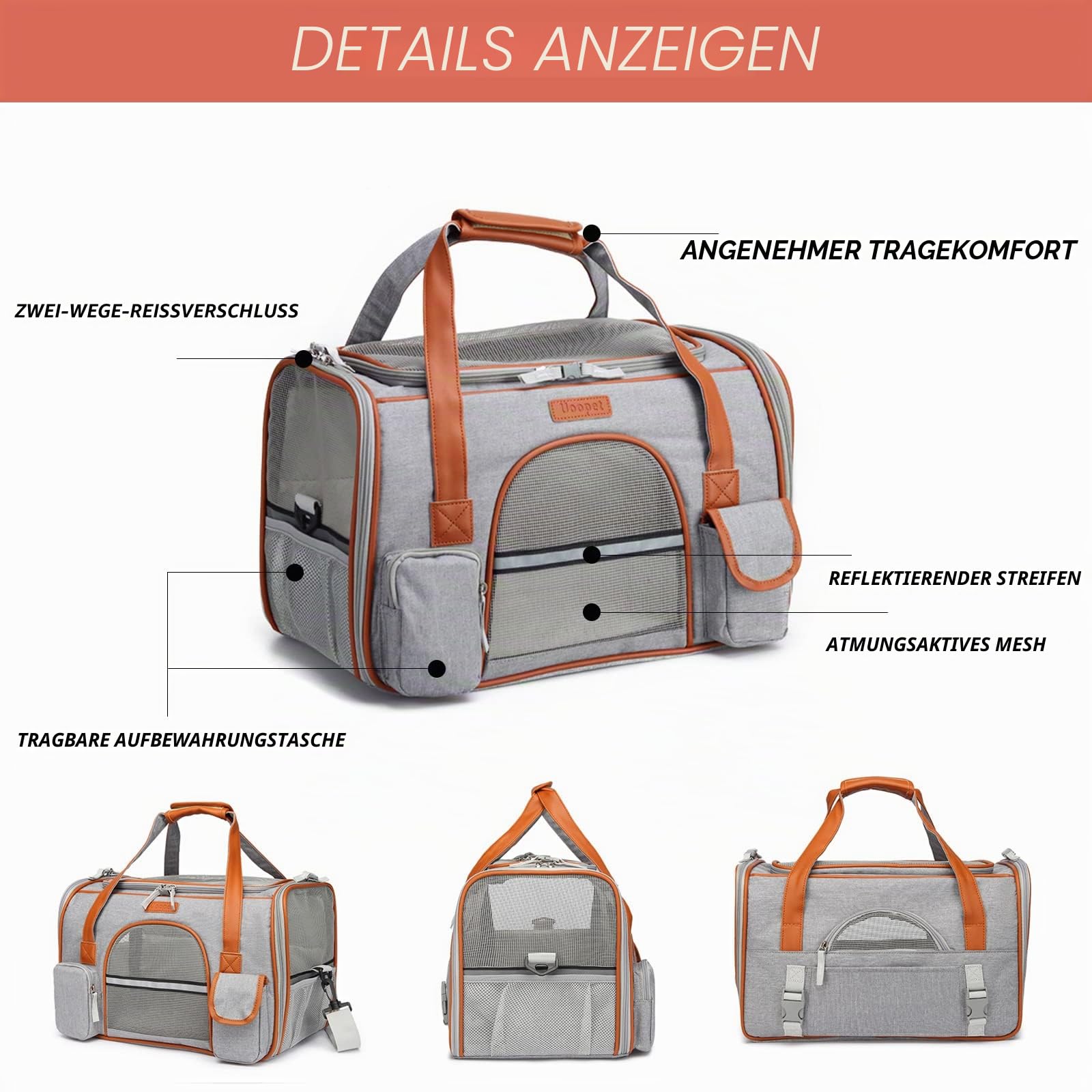 PETCUTE Transportbox Katze und Hunde,Katzentransportbox mit Abnehmbare Matte,Faltbare Atmungsaktiv Katzentasche mit Reflektierender Streifen,Verstellbarer Schultergurt,Airline Genehmigt