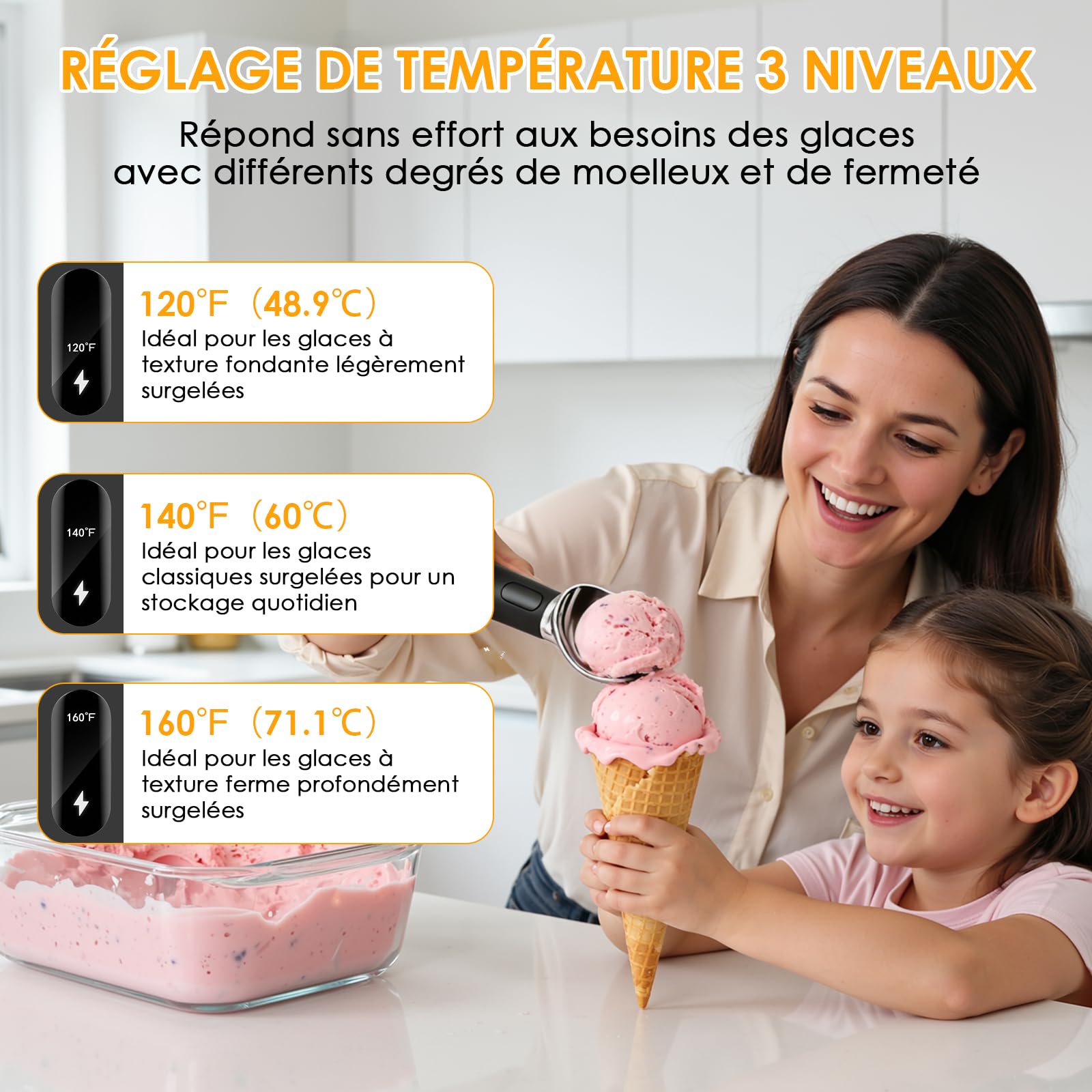 Cuillère à Glace, Boule à Glace Électrique Chauffante avec 3 Positions de Chauffage, Rechargeable, Étanchéité IPX7, Portionneur de Boules de Glace Antiadhésif, Ice Ball Scoop pour Glace Dure