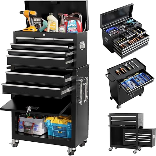 Miniatura 4 de Caja de herramientas con ruedas de 8 cajones con ruedas, caja de herramientas desmontable 2 en 1, gabinete de herramientas con cajones y sistema de