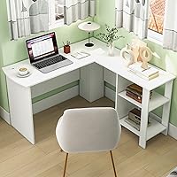 Vista 2 de Tangkula Escritorio blanco en forma de L con estantes de almacenamiento, escritorio de computadora de esquina de madera, estación de trabajo