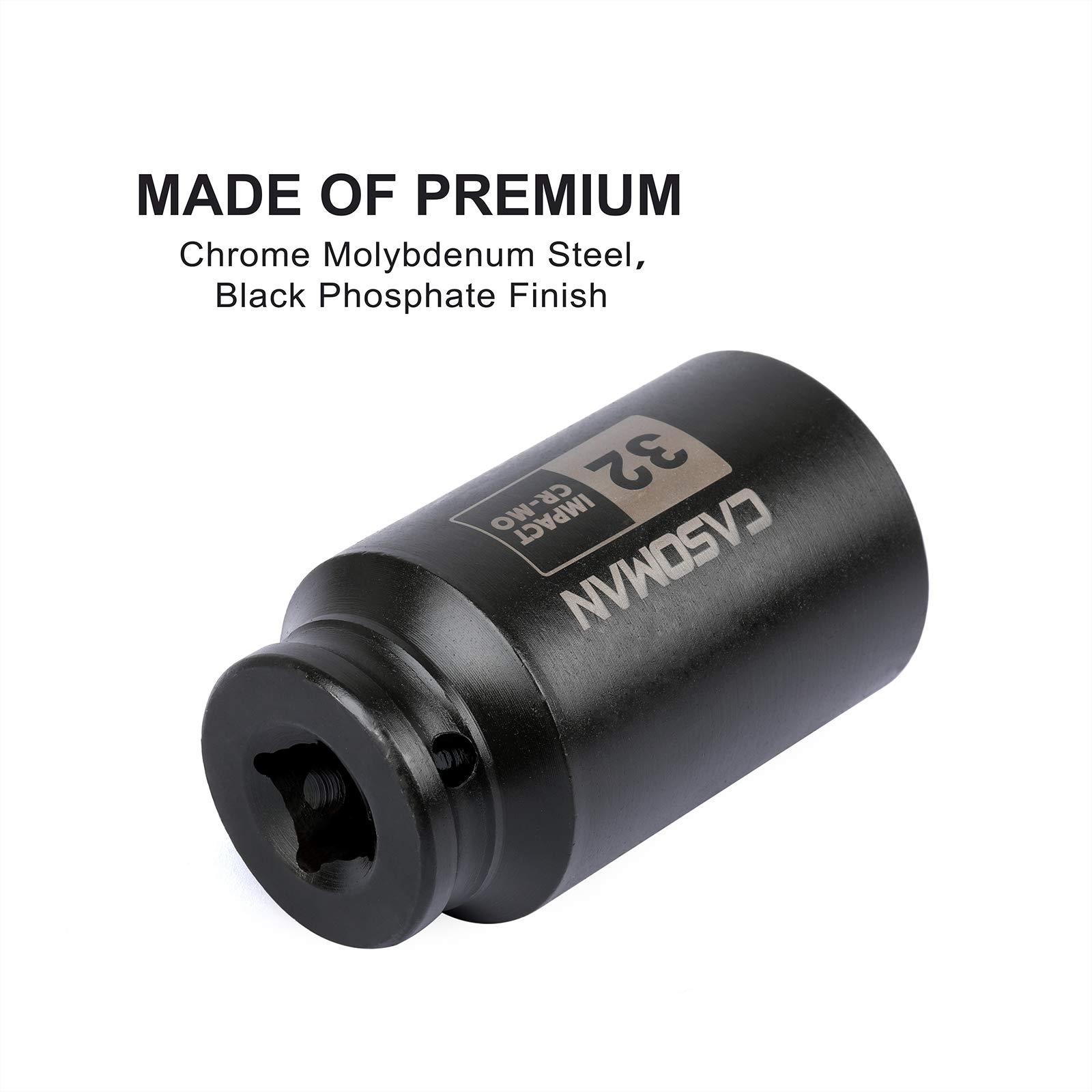 CASOMAN 1/2" Drive x 32 mm Deep 6 PT Impact Socket, CR-MO, 1/2-inch Drive 6 Point Axle Nut Socket for Easy Removal of Axle Shaft Nuts (32MM) — view 5