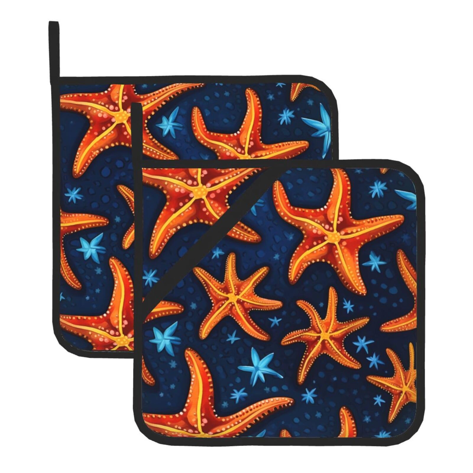 HJFCZH Shining Starfish Printed Square Insulated Pot Mat Set (2-Piece) 8x8in Waterproof, Thickened & Easy to Clean with Lanyard Design for Kitchen, Oven & BBQ