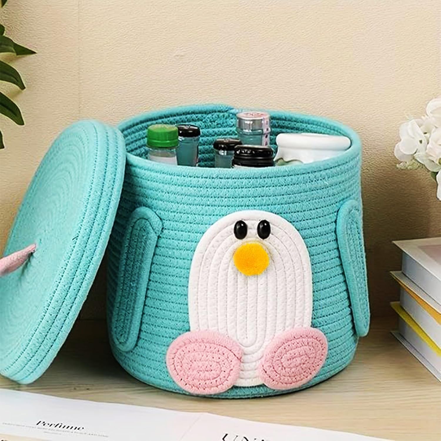 BIANCO Tall Cotton Rope Storage Basket with Lid | Cute Penguin Design Multipurpose Organizer Bin for Toys, Baby Supplies & Laundry | Durable, Foldable Decorative Storage Box Product Image 1