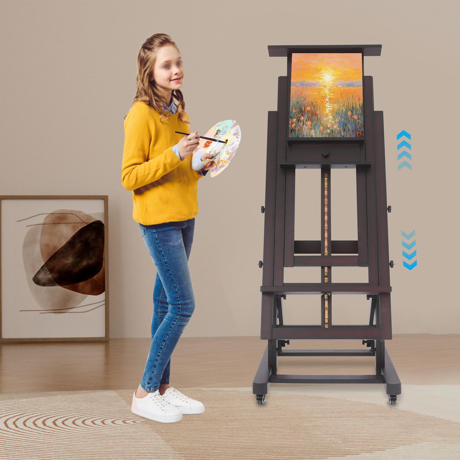 Caballete de madera ajustable en altura 140 – 300 cm, caballete de pintura móvil con ruedas y freno, doble soporte de lienzo, para taller, estudio y hogar (color nogal)