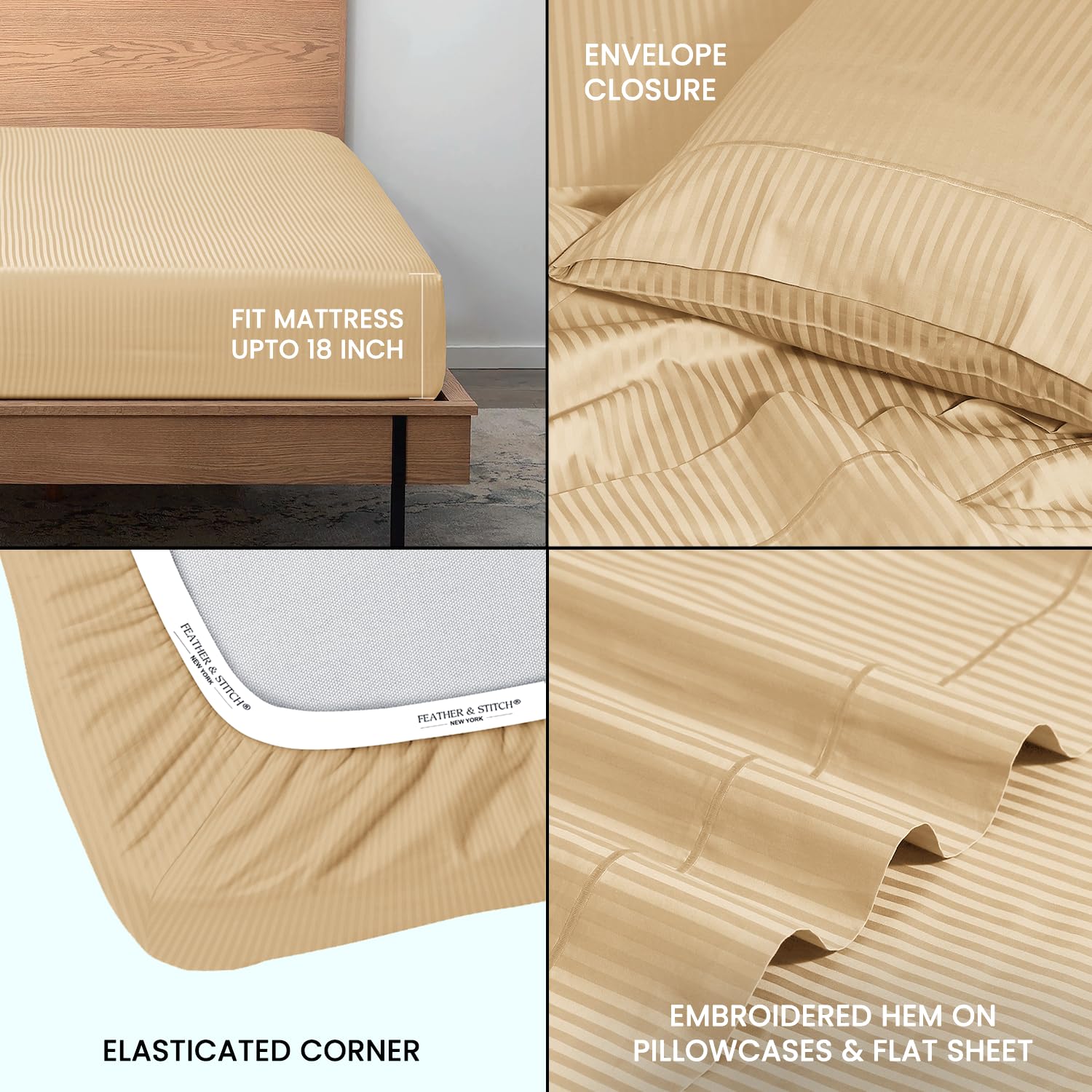Feather & Stitch Full Size Damask Stripe Sheet Set, 4 Piece Set, Ultra Soft 100% Cotton Sheets - Image 3
