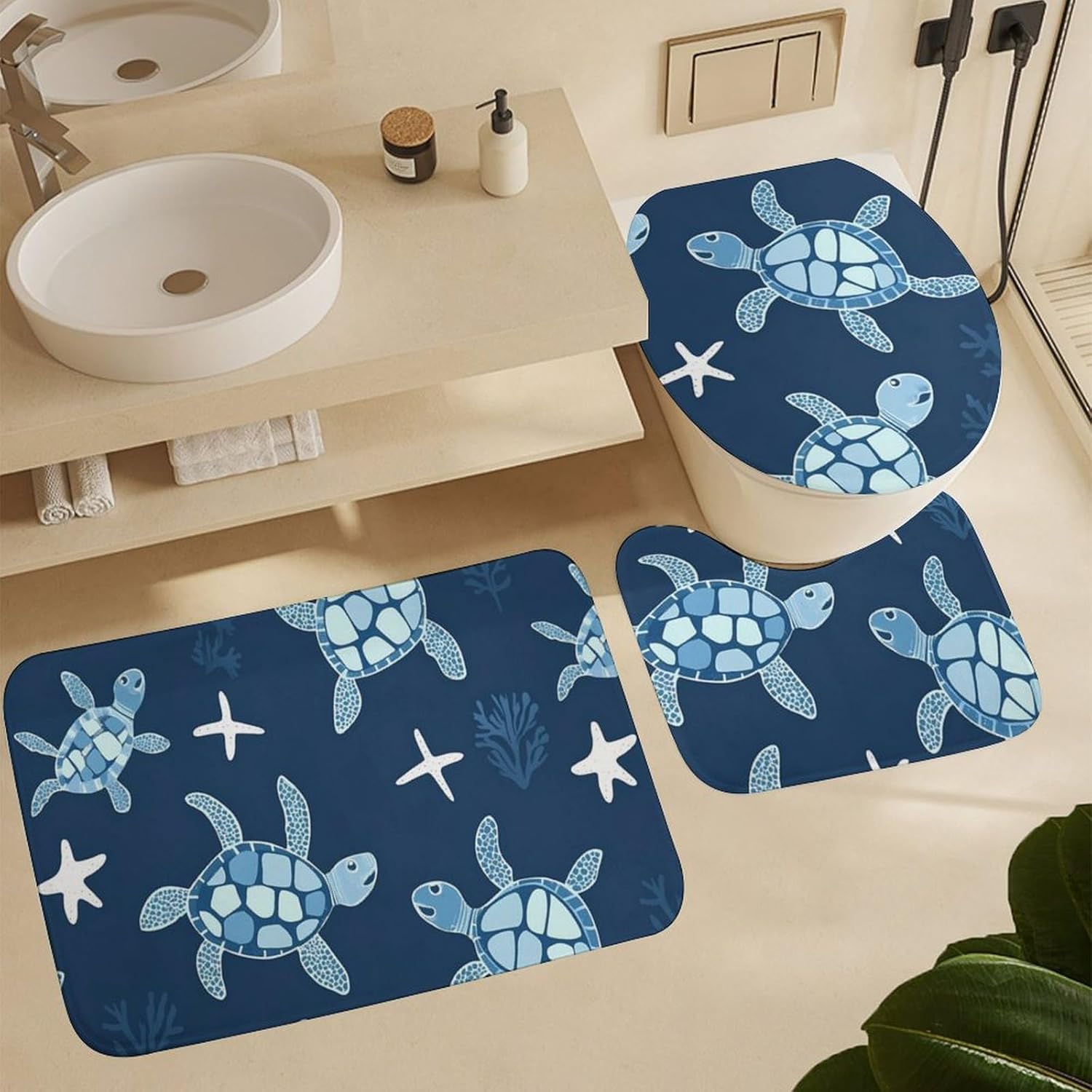 Turtles Coral Starfish Modern Bathroom Sets with Shower Curtain and Rugs Decor 4 Pcs with 12 Hooks
