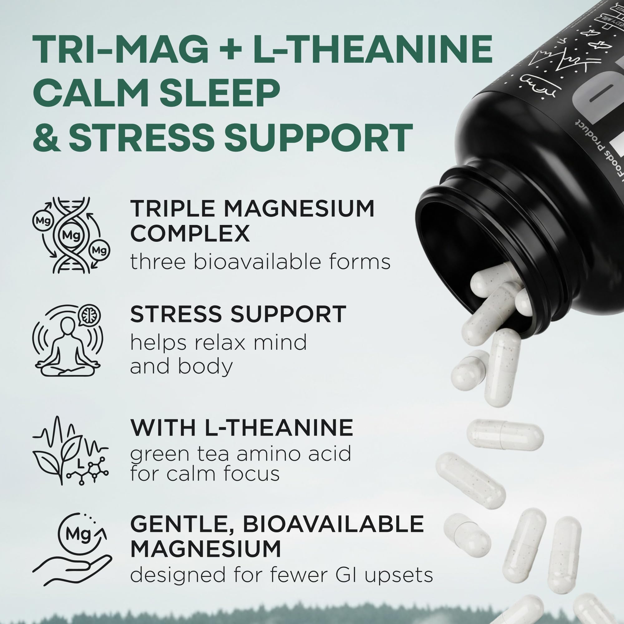 Wild Foods 3 in 1 Magnesium Glycinate L Theanine for Calm Sleep & Muscle Relaxation - Glycinate, Malate, Taurate - 100% Natural Magnesium Complex for Women and Men - 60 Capsules — Amazon image 2
