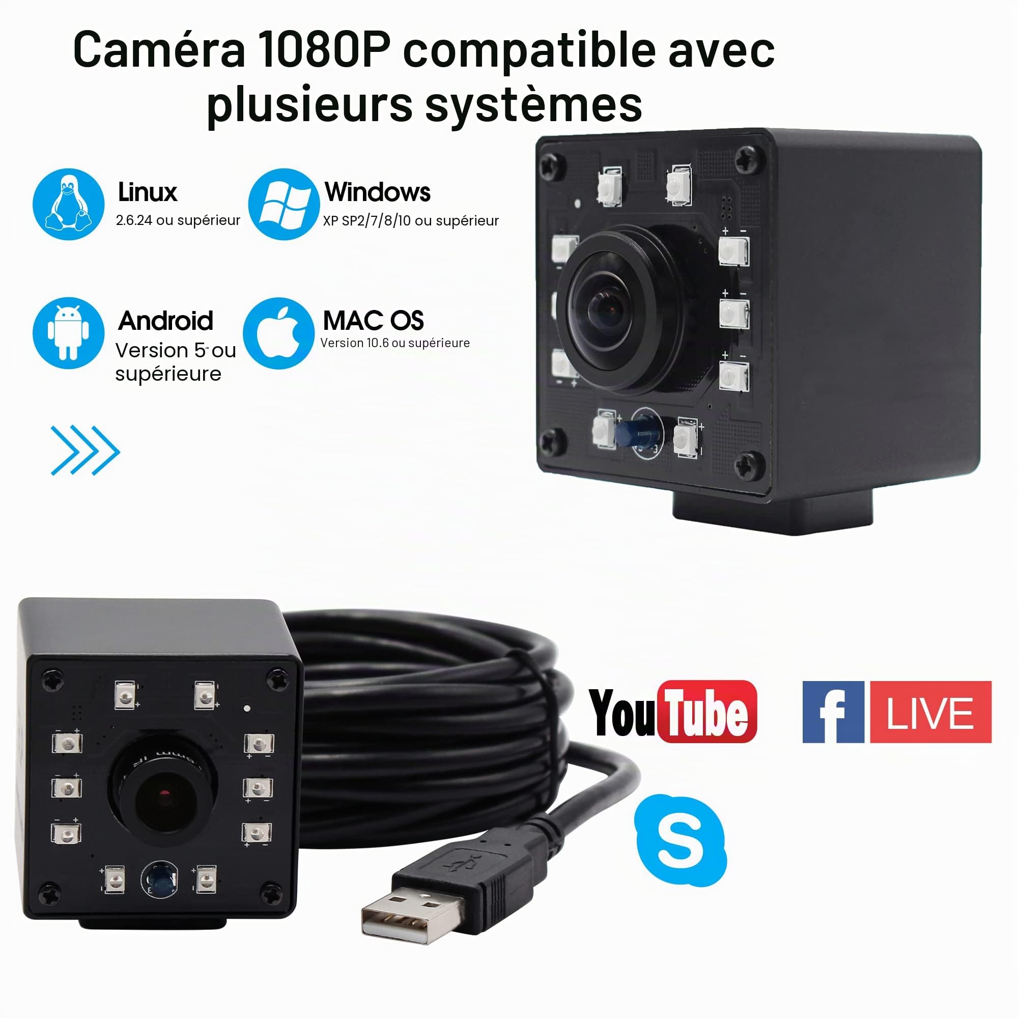 Svpro 1080P Caméra de Vision Nocturne Fisheye USB CMOS OV2710 IR LED Webcam Infrarouge Avec IR Cut HD Surveillance de Sécurité Domestique et Projets Industriels Intégrés
