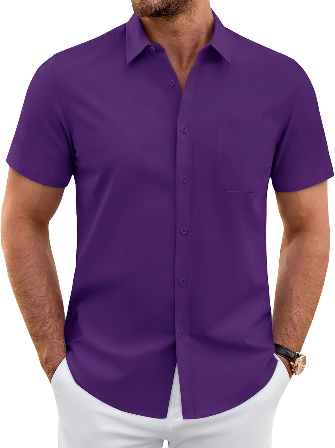 J.VER Mens Short Sleeve Dress Shirts Wrinkle Free Casual Button Down Shirt Summer Stretch Formal Shirt with Pocket