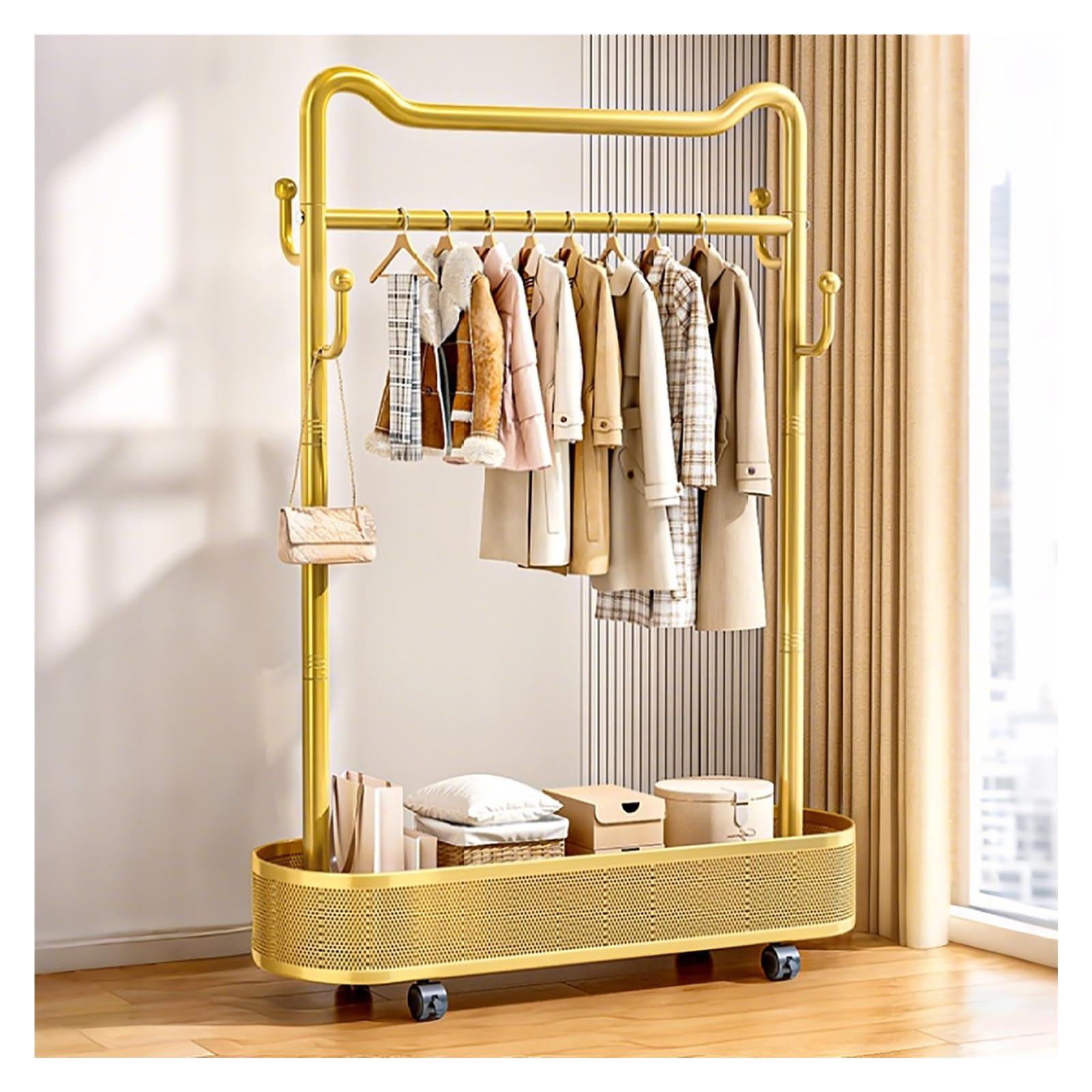 Lshtshf-ou Clothing Racks For Hanging Clothes With Wheels Garment Rack Rolling Portable Closet Wardrobe(Gold,100cm/39.4in)