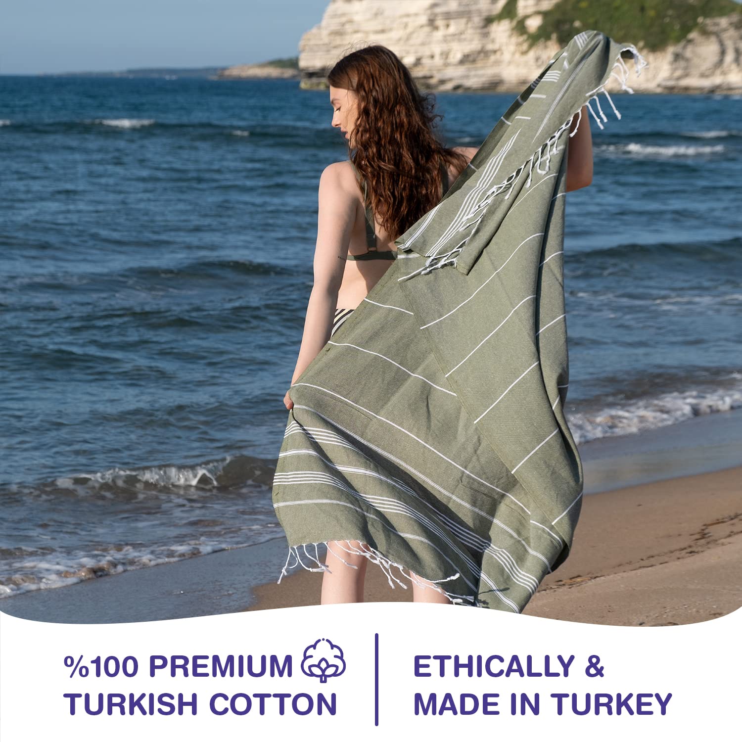 PADISHAHHOME Turkish Beach Towels, Pack of 6 | Oversized, Quick Dry, Sand Free | 100% Cotton, Large 38x71 Towels for Beach, Pool, Travel | Ultra-Soft, Compact, and Absorbent | Olive Green