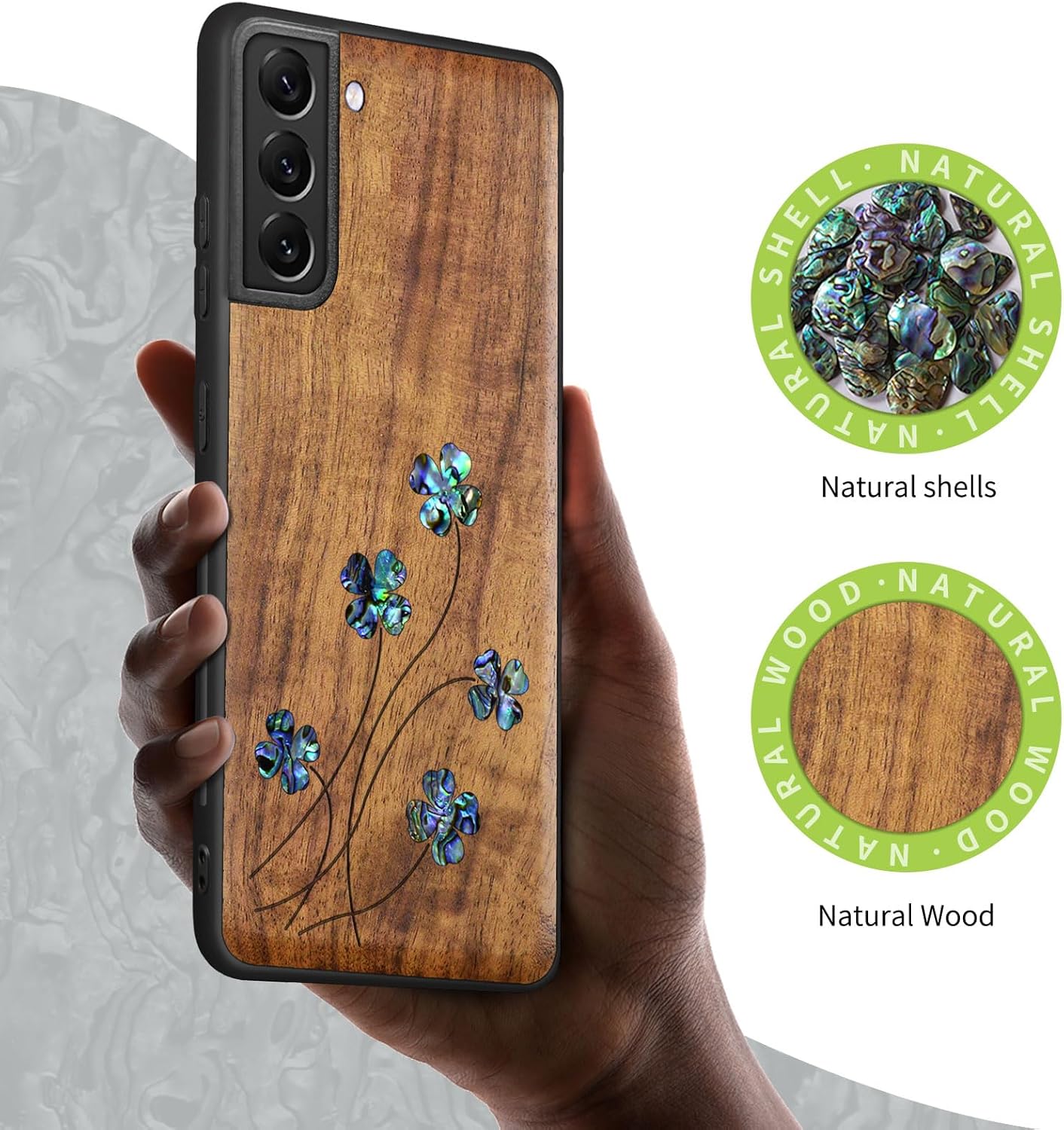 Carveit Designer Wooden Cover for Samsung Galaxy S22 Case [Wood Engraving & Shell Inlay] Compatible with Wireless Chargers Galaxy S22 (Four Leaf Clover-Walnut)