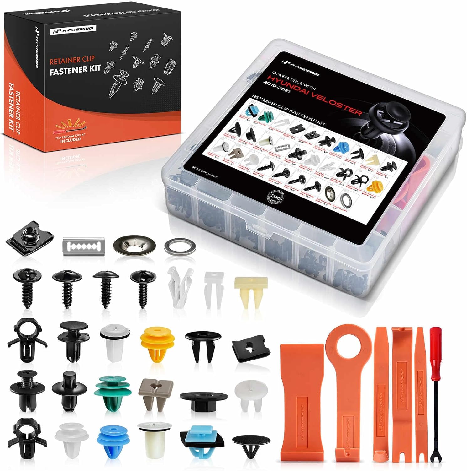 A-Premium 290Pcs 51.04 oz Nylon Bumper Retainer Clips Fender Fasteners Door Trim Panel Push-Type Hood Auto Push Pin Plastic Rivets Kit Compatible with Hyundai Veloster 2019-2021, with Removal Tool