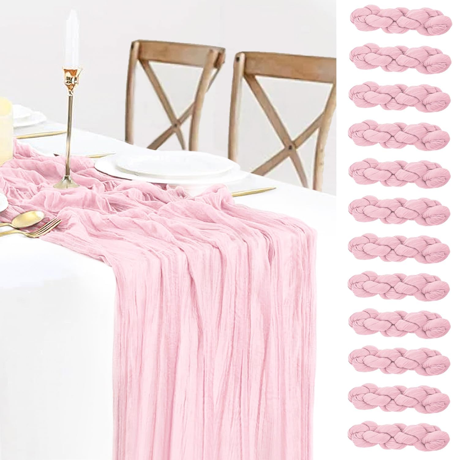 12 Pack Light Pink Table Runner Cheesecloth Rustic Sheer Gauze Table Runner 35x120 Inch for Wedding Baby Shower Bridal Shower Party Fall Thanksgiving Home Decorations