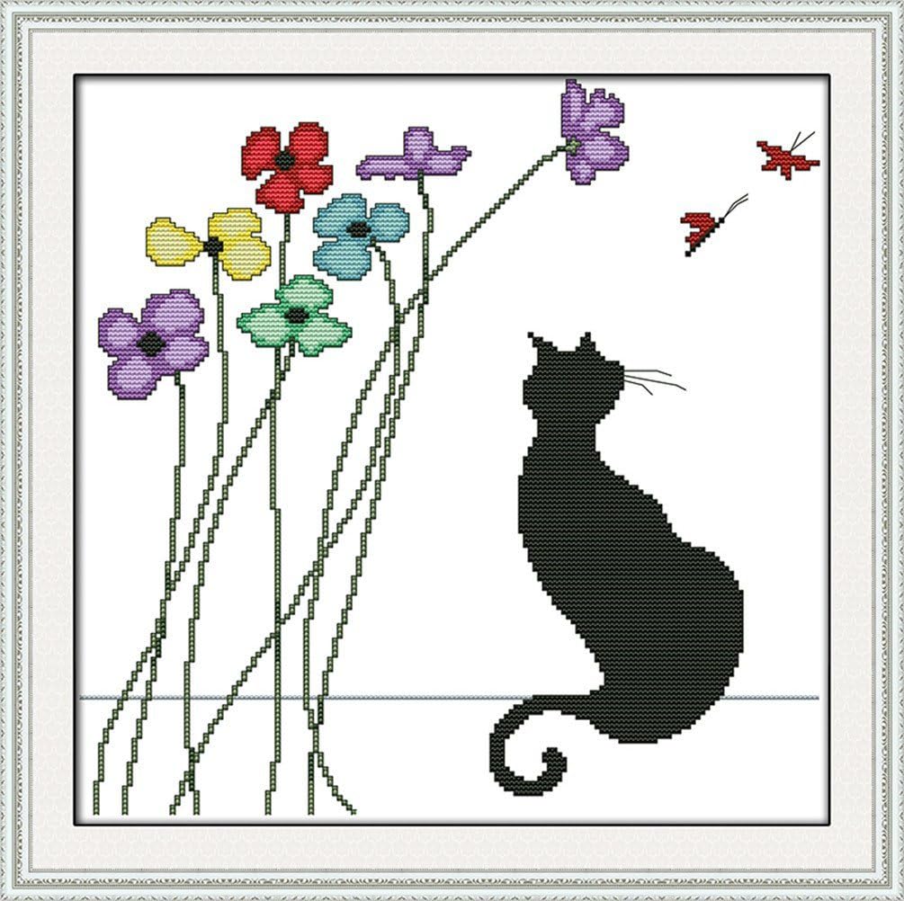 YEESAM ART Unstamped Cross Stitch Kits for Adults Black Cat and Flowers 14ct Counted Unprinted Embroidery Kit Needlework Wall Art Decor