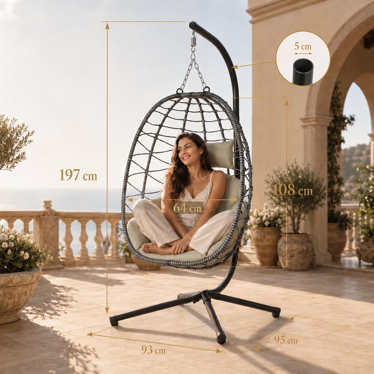 Hängesessel mit Gestell höhenverstellbar Indoor & Outdoor inkl. Kissen - Korbhängesessel bis 150 kg Garten Schaukel aus Polyrattan faltbar ergonomisch - Wohnzimmer Balkon Terrasse in Grün/Grau