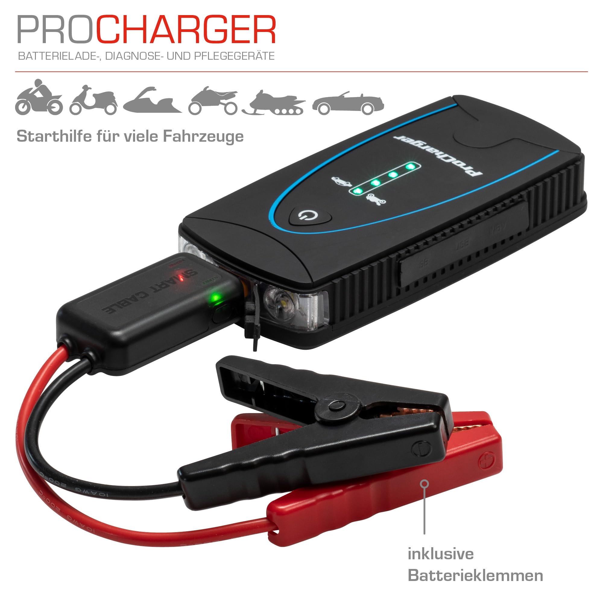 ProCharger Startbooster & Akkupack 10.000mA, 12V Lithium Starthilfe Powerbank für PKW, Tragbares Batterieladegerät Auto, Starthilfe Powerbank mit Überbrückungskabel Auto, Batterieladegerät Motorrad