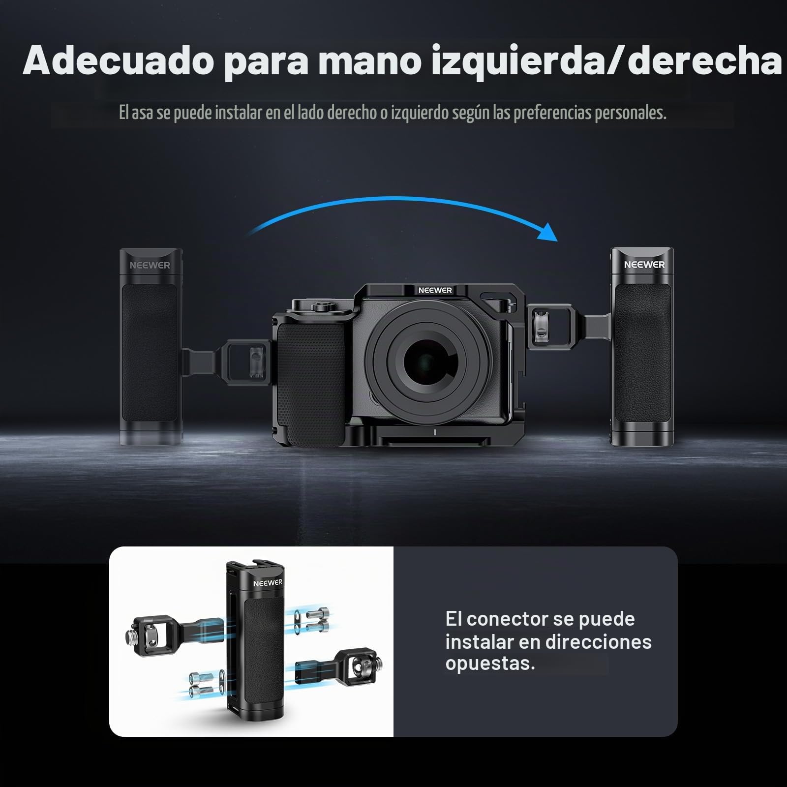 NEEWER Empuñadura Lateral para Jaula de Cámara, Empuñadura Lateral Ligera de ABS + PC con Silicona, Tornillos de 3/8" y 1/4", Pin de Localización, Brazo Ajustable Verticalmente, Zapata Fría, CA069H