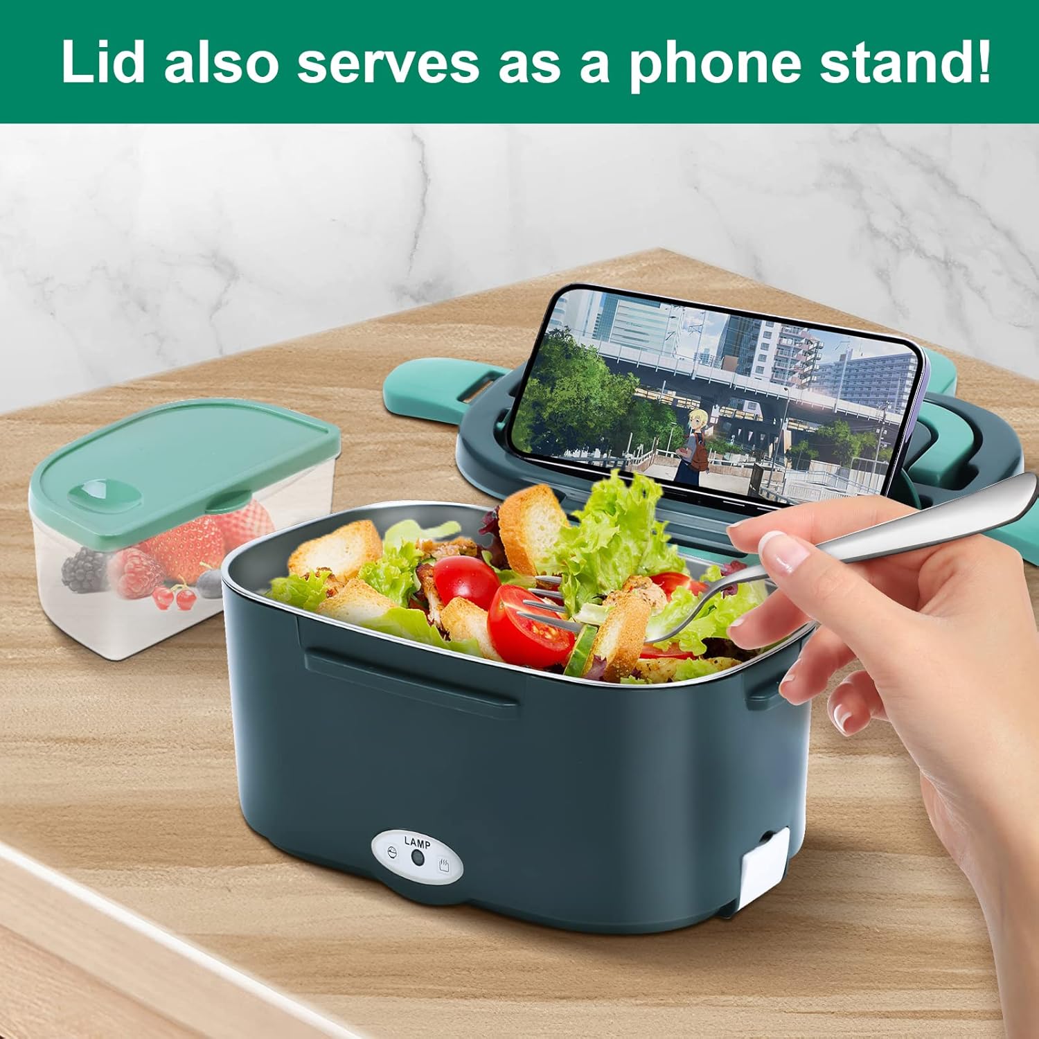 GENTRE Lunch Box elettrico 12V/24V/220V/110V per auto, camion, ufficio e casa, Scaldavivande in acciaio inossidabile da 1,5L Contenitore termico per alimenti con forchetta e cucchiaio Borsa - Immagine 3