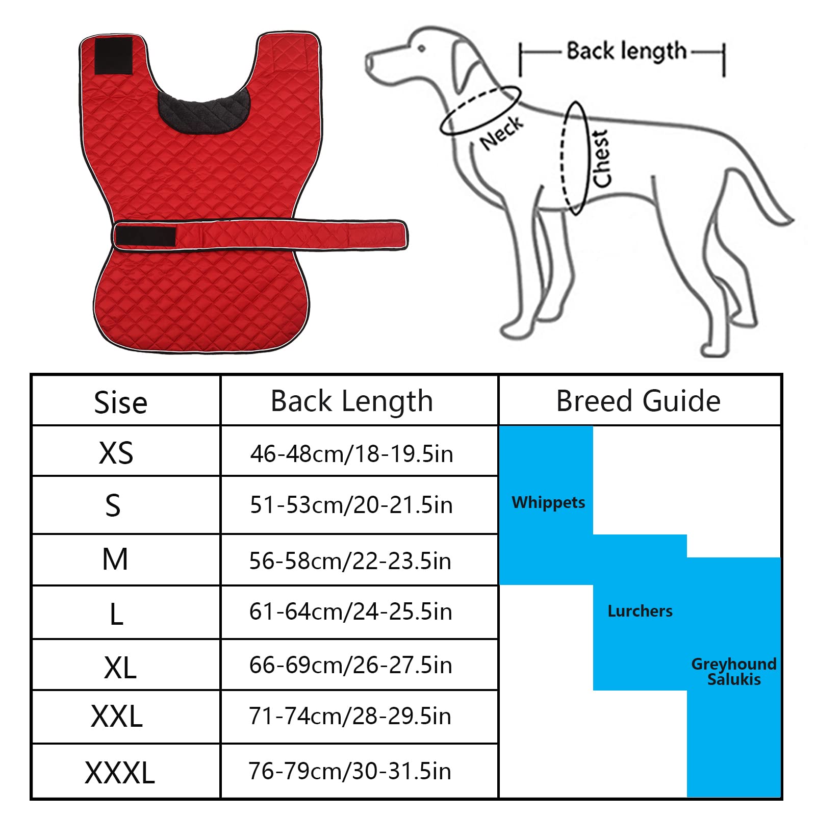 Windhunde-Wintermantel mit Fleecefutter, verstellbare Outdoor-Haustierjacke für mittelgroße oder große Hunde, ideal für Windhunde, Whippets, Lurcher, Salukis - Rot - XXL