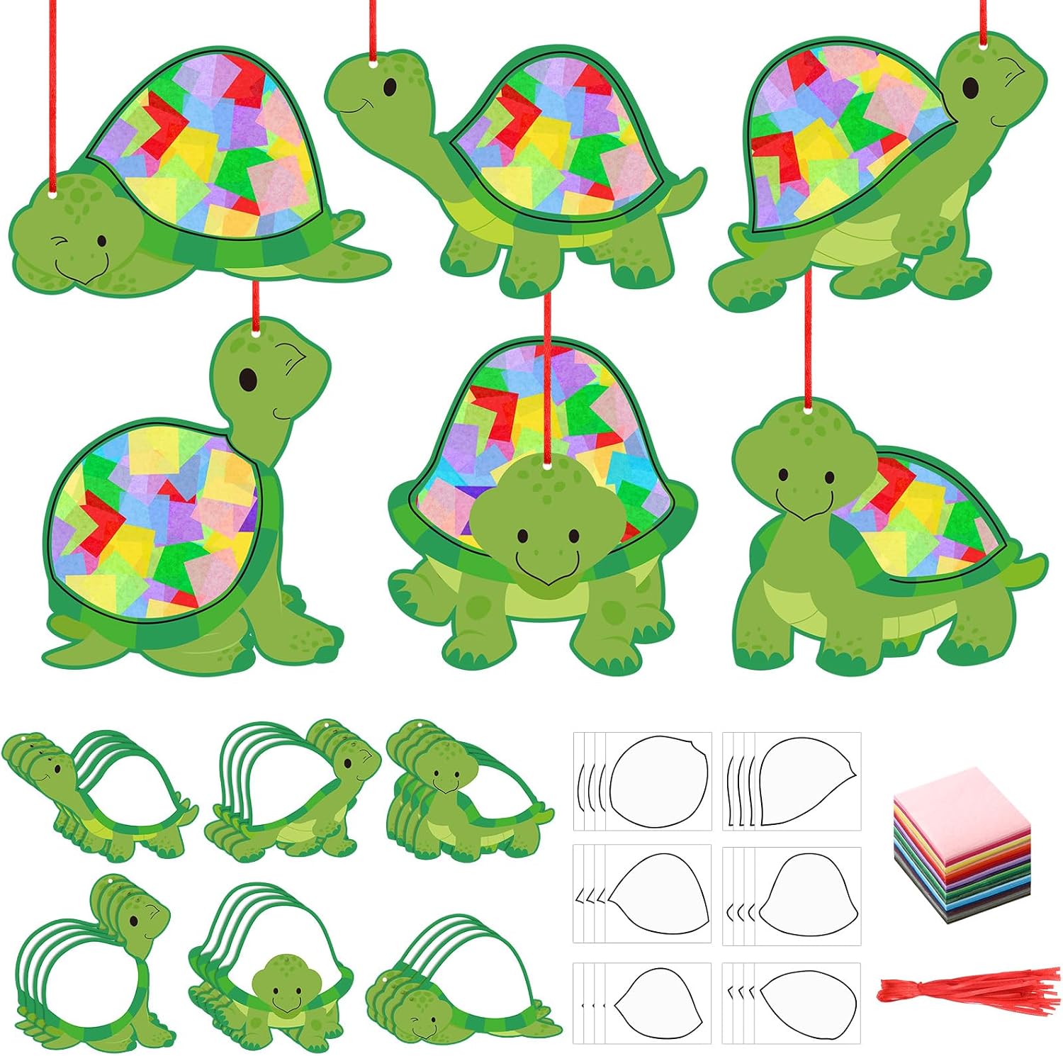 Motipuns 24 Sets Turtle Craft Kit for Kids Turtle Suncatcher Tissue Paper Craft DIY Summer Ocean Party Decoration Sea Animal Hanging Ornaments Under the Sea Art Classroom Home Fun Activities, 6 Styles
