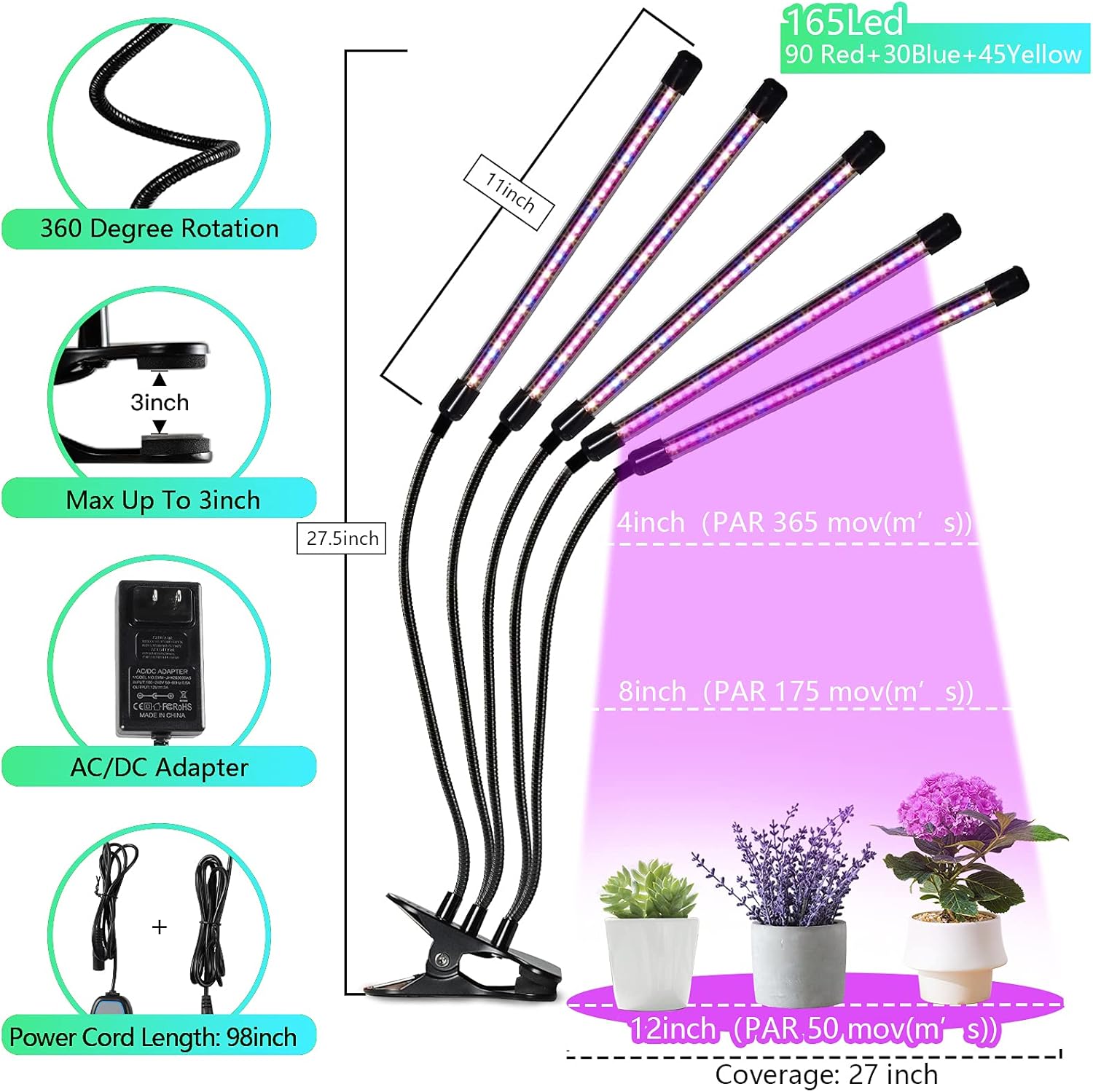 Gardguard Grow Light 80W 5 Heads Sunlight Full Spectrum Grow Lamp with Red Blue White 4/8/12H Timer 10 Dimmable Levels & 5 Switch Modes Indoor House Plant Light Adjustable Gooseneck Plant Grow Light : Patio, Lawn & Garden