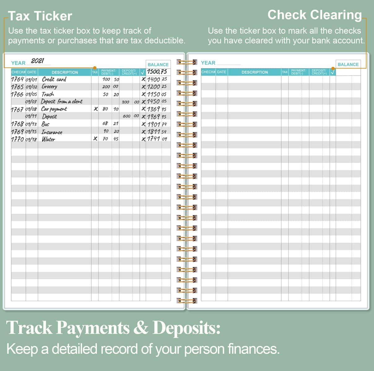 Check Registers - A5 Deluxe Checkbook Log Book for Personal Checkbook, Expense Ledger Book for Personal and Small Business, Teal Flower : Office Products