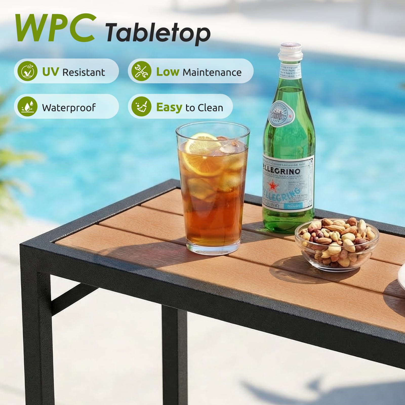 LIFERUN Mesa Alta de Bar de Exterior, 120 x 38 x 98 cm, Mesa de Bar para Jardín con Tablero Impermeable y Pies Ajustables, Mueble de Jardín para Terraza, Piscina, Salón, Comedor, Marrón