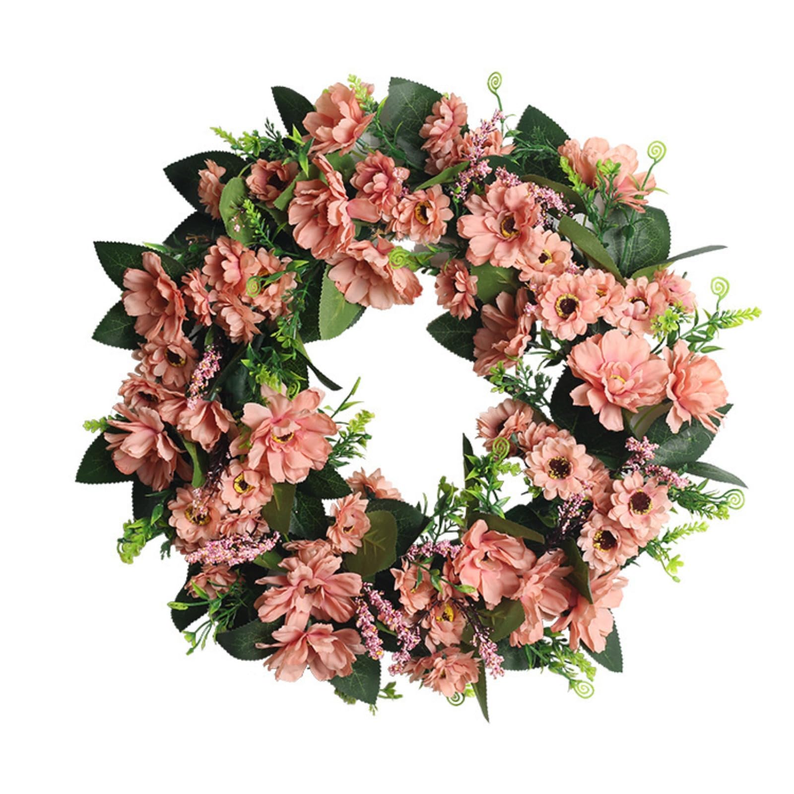 Artificial Spring Wreath 45cm Light Pink Floral Wreath for Front Door, All Season Summer Wreath with Greenery for Home Decor (Orange)