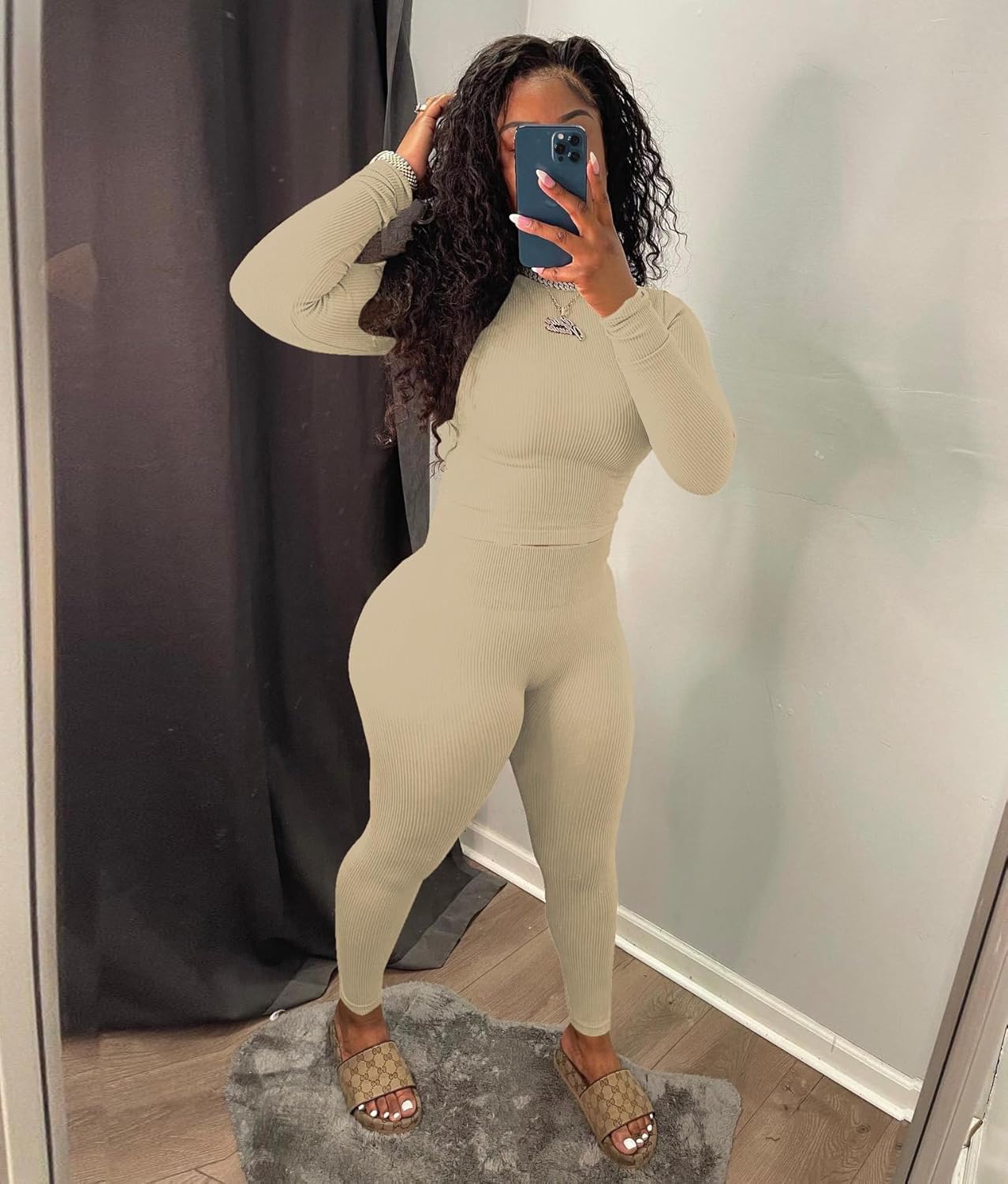 HBQ Women Two Piece Outfits Workout Sets Ribbed Casual Jogging Suits Long Sleeve Tracksuits,XXL,Apricot Solid - Image 3