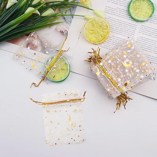 Vista 40 de SUMAJU 100 bolsas de organza de estrella lunar, 2.7 x 3.5 pulgadas, bolsa de organza púrpura transparente, pequeñas bolsas de regalo con cordón