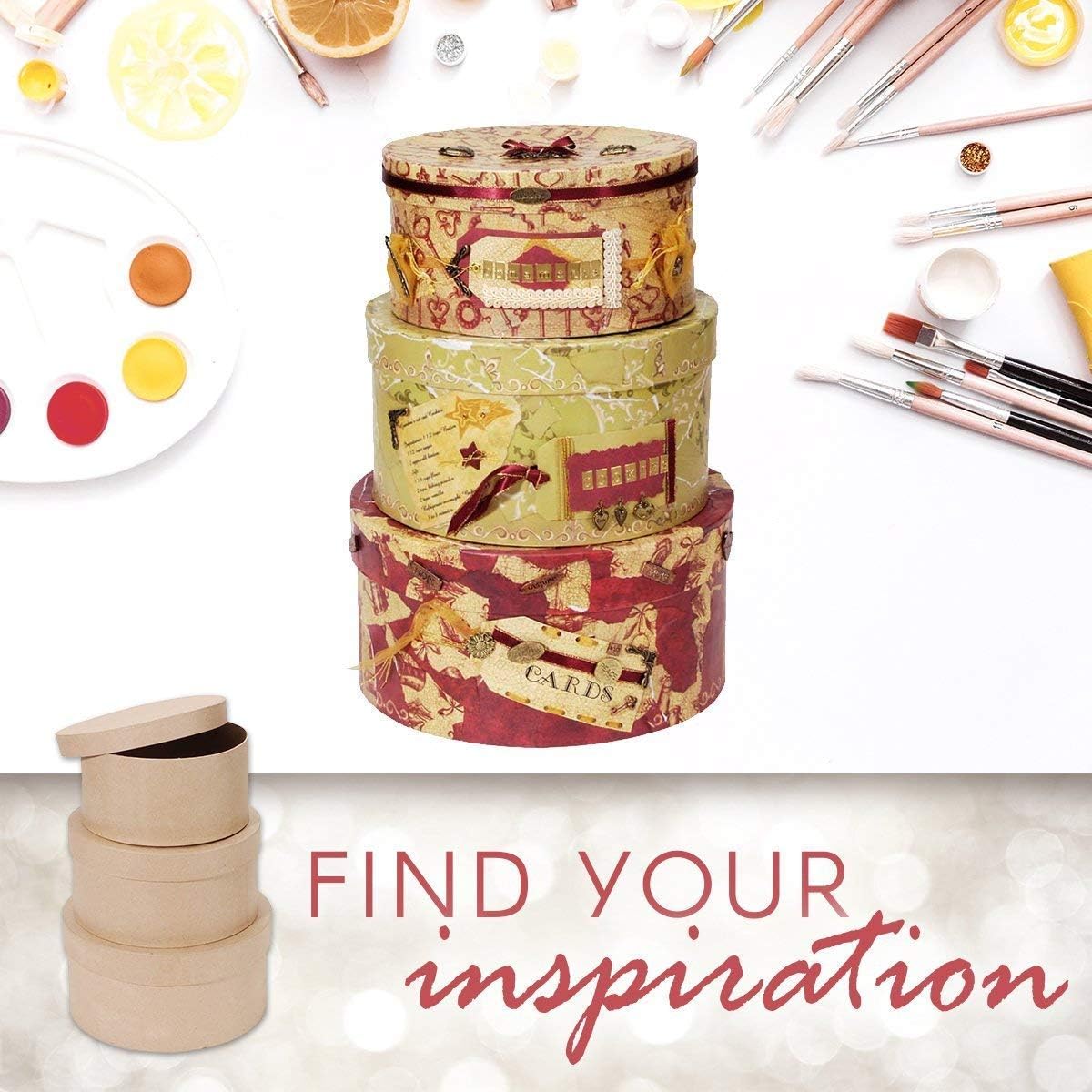 Darice Paper Mache Craft Boxes – 8”, 9” and 10” Round Boxes With Lids – Sturdy Boxes Come Nested Inside Each Other – Perfect for Decorating – Create Card Boxes, Centerpieces and More, Set of 3