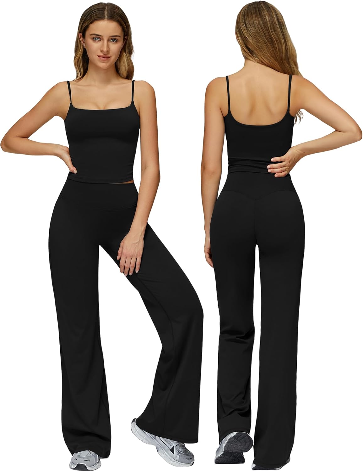 Womens Workout Sets Two Piece Spaghetti Straps Crop Top Matching Straight Leg Pants Gym Work Pilates Outfits