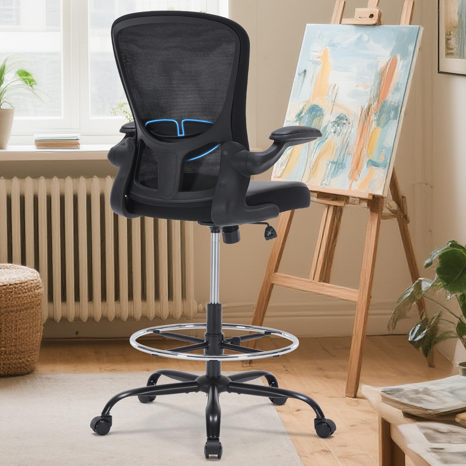 Drafting Chair Tall Office Chair with Flip-up Arms Adjustable Height Standing Desk Chair with Lumbar Support and Footrest Ring Ergonomic Executive Computer Chair Swivel Drafting Stool for Work/Drawing