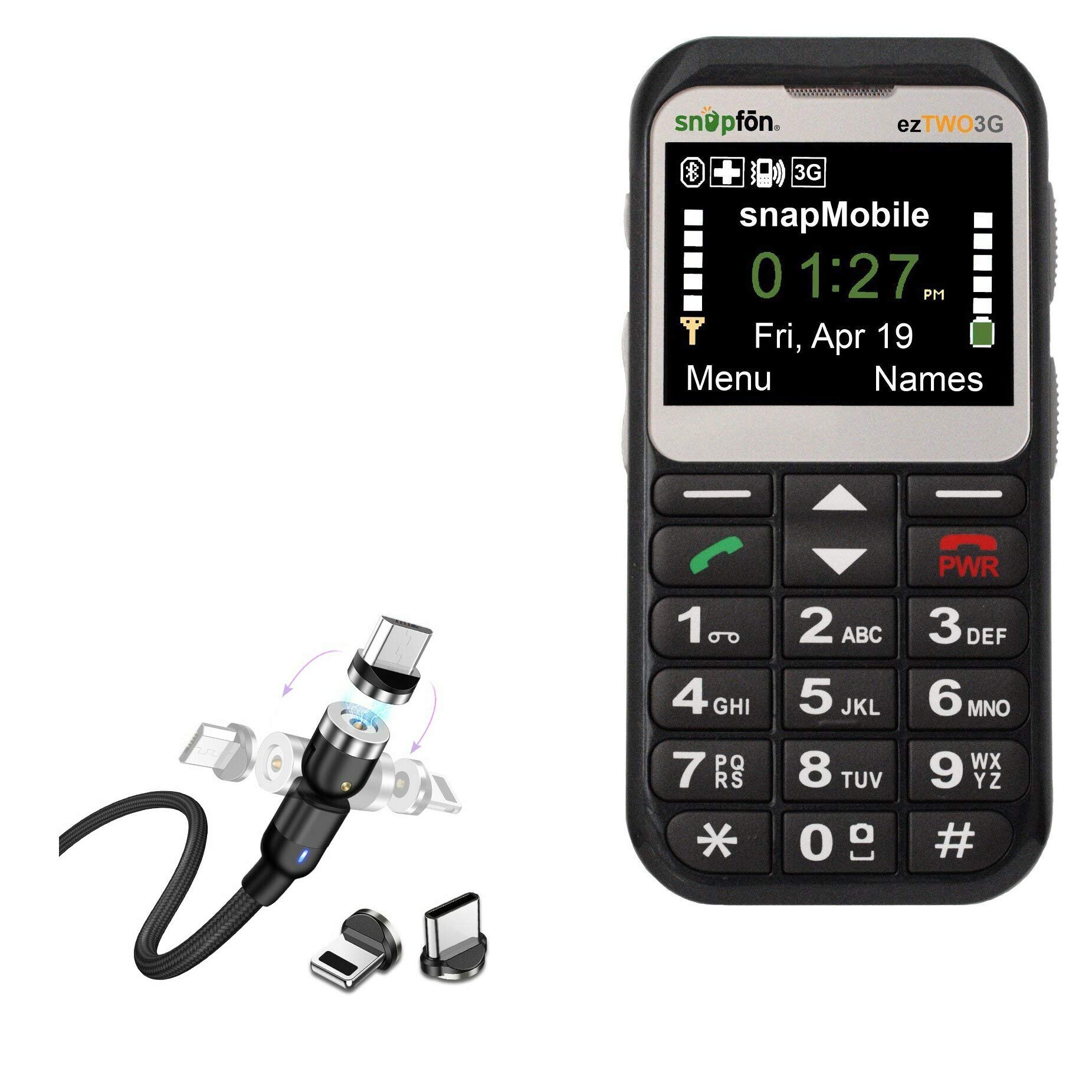 BoxWave Cable Compatible with Snapfon EzTWO - MagnetoSnap AllCharge Cable, Magnet Charging Cable USB Type-C Micro USB for Snapfon EzTWO - Jet Black