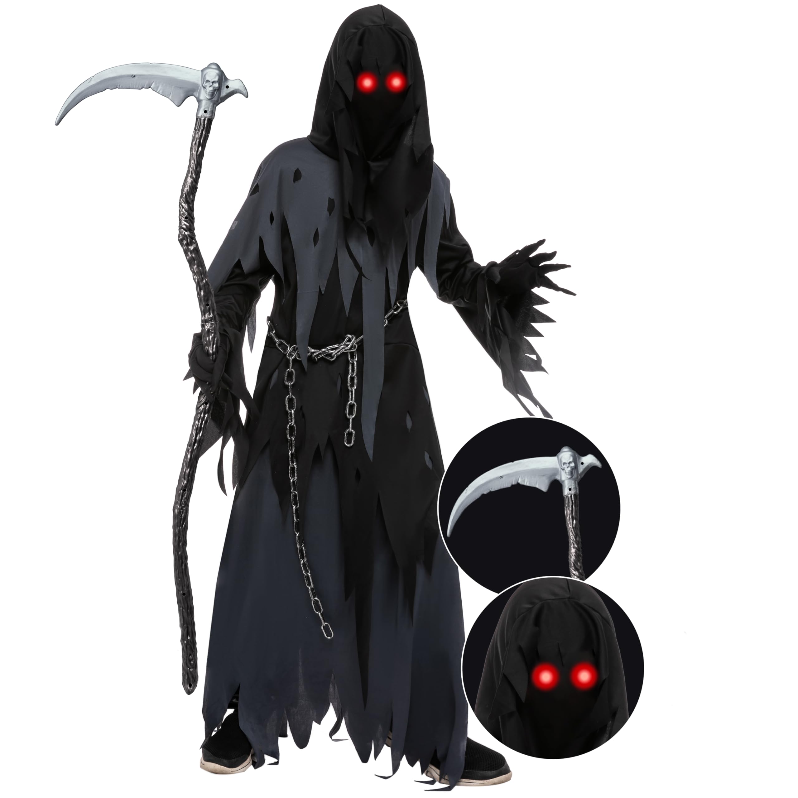 Spooktacular Creations Glowing Eyes Grim Reaper Costume for Kids, Dark Knight Reaper Phantom Costume for Halloween