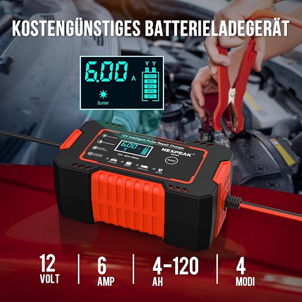 6A Autobatterie Ladegerät, 12V Smart vollautomatische KFZ Batterieladegerät mit Temperaturkompensation für Auto LKW Motorrad Rasenmäher Boot Marine Batterien - 2