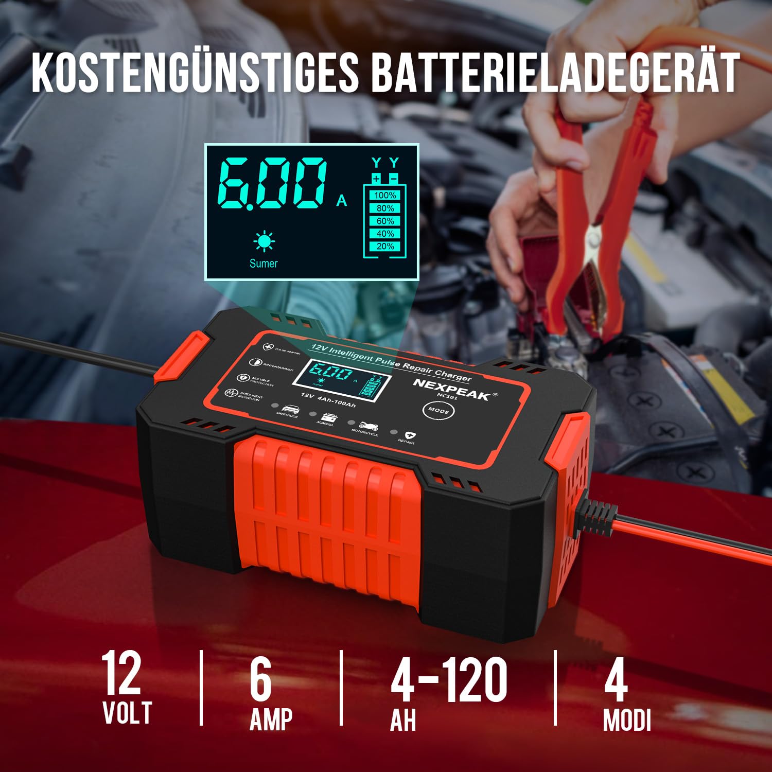 NEXPEAK 6 A Ladegerät für Autobatterie, 6 A, 12 V, intelligentes Ladegerät, Motorrad, automatische Reparaturfunktion, tragbar, Akku-Ladegeräte für Auto, Motorrad, LKW, AGM, Gel, Wet, SLA (rot)