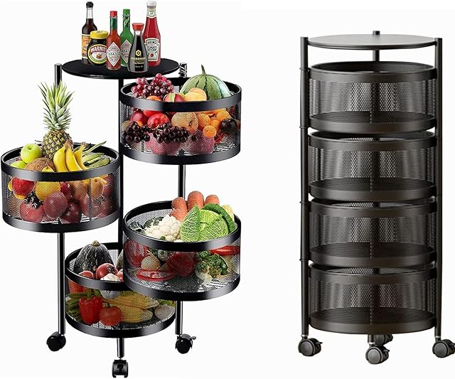 bimiti Rotating Storage Shelves Rack Kitchen 4 Tier Metal Multi-Layer Basket Organizer Round Floor Standing Shelf Household Storage Rack on Rolling Wheels for Kitchen Living Room Toilet