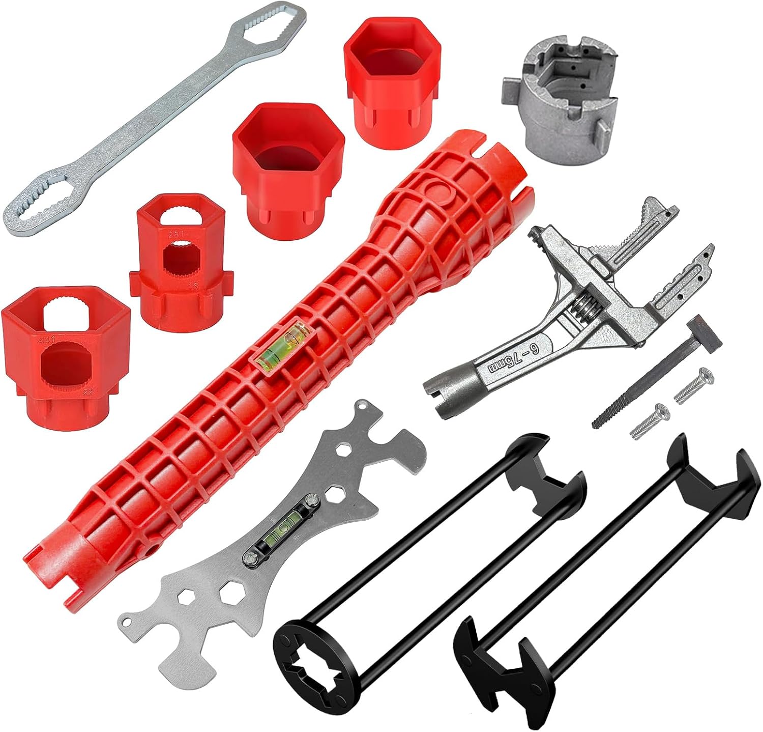 Basin Wrench Set, 6-Piece Sink Faucet Installation Tool Kit, 8-in-1 Adjustable Plumbing Spanner with Wide Jaw, 10-70mm Range