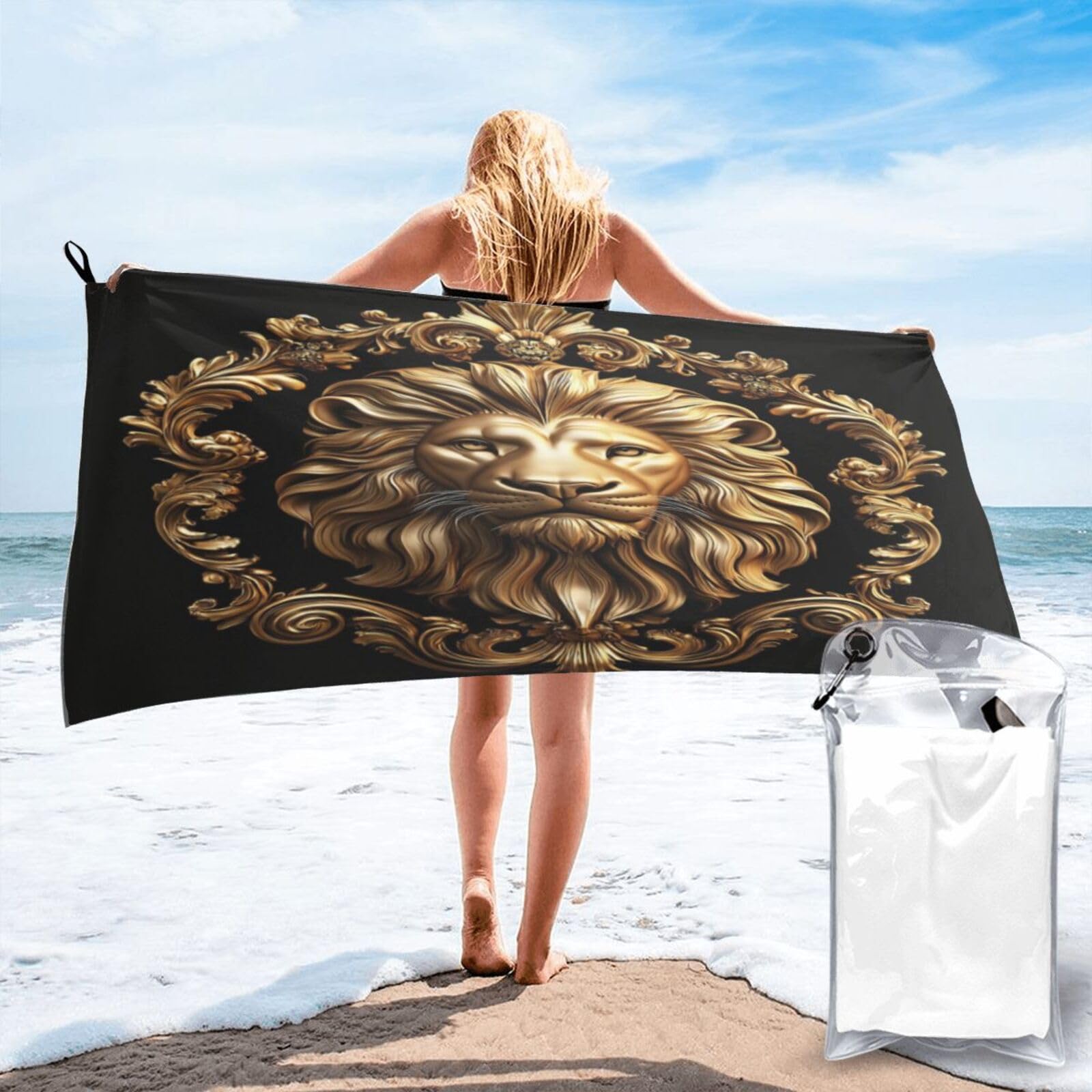 Anceky Gilded Baroque Lion Head Emblem Quick Dry Microfiber Travel Towel with Carry Case and Carabiner 27.5"X55"