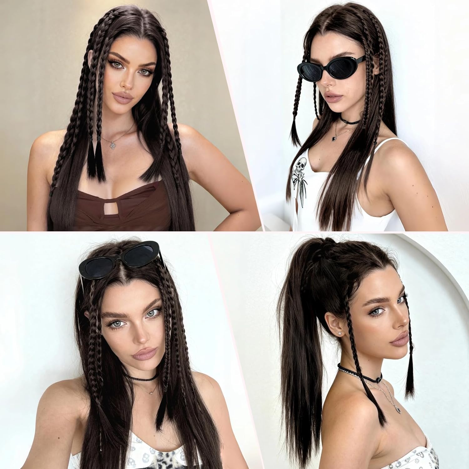 6PCS Braids Hair Extensions Clip in Hair Pieces 14'' Clip in Hairs Braids Extension 3 Styles Ponytail Braid Extension Synthetic Hairpiece Braid Extensions for Women Daily Party Use Dark Brown - Image 6