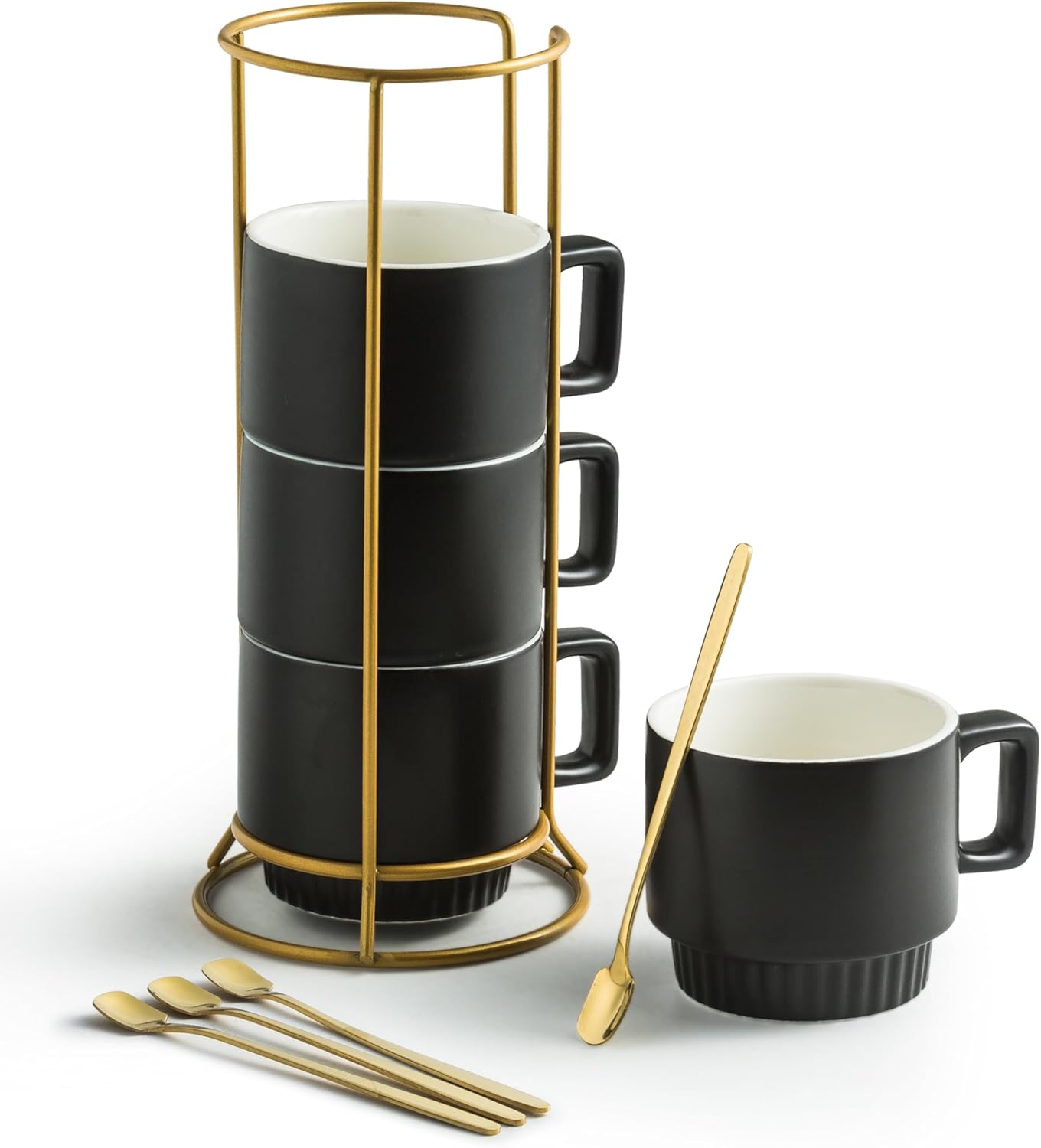 Spoon Rest and Stackable Coffee Mugs, 11oz Ceramic Espresso Cup Set of 4, Kitchen Spoon Holder for Stove, Dishwasher & Microwave Safe, Black