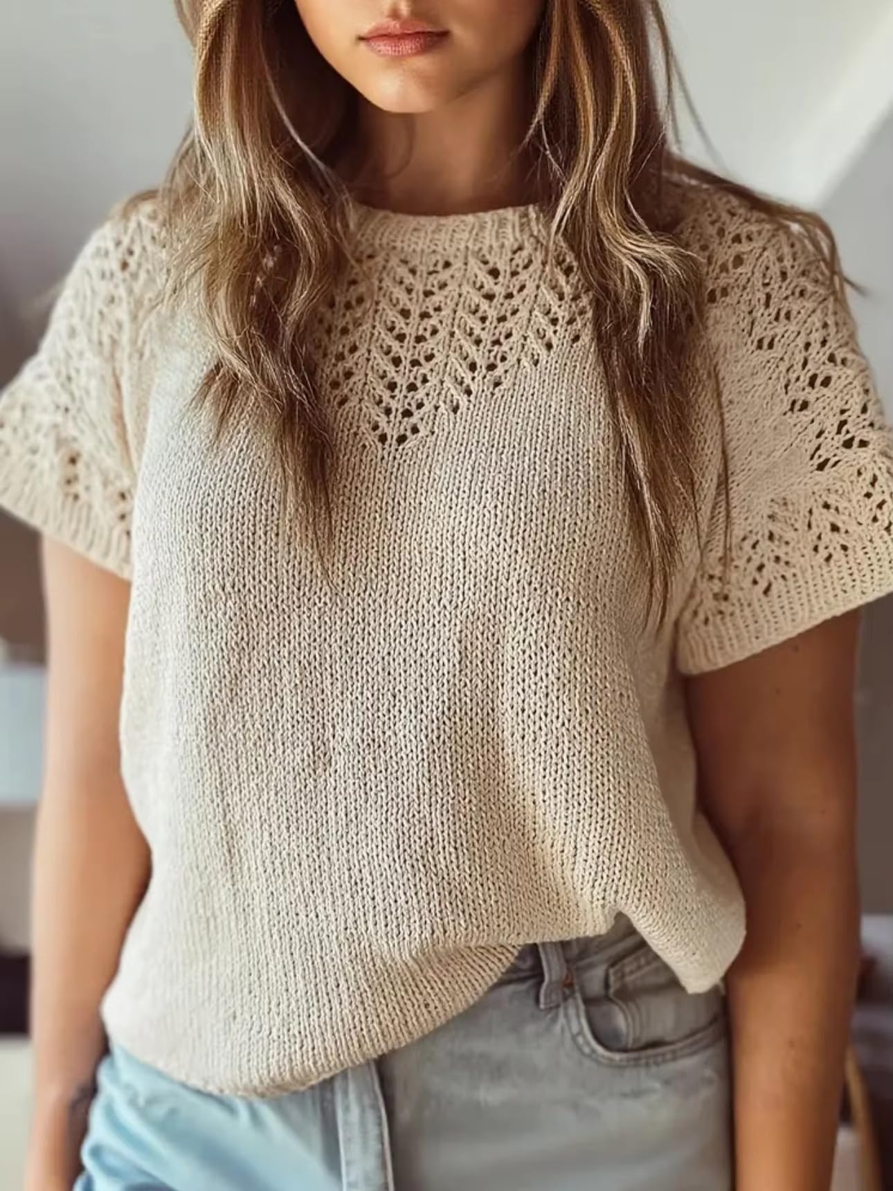 Maglia Traforata Donna, Top Estivo Morbido e Traspirante a Collo Rotondo