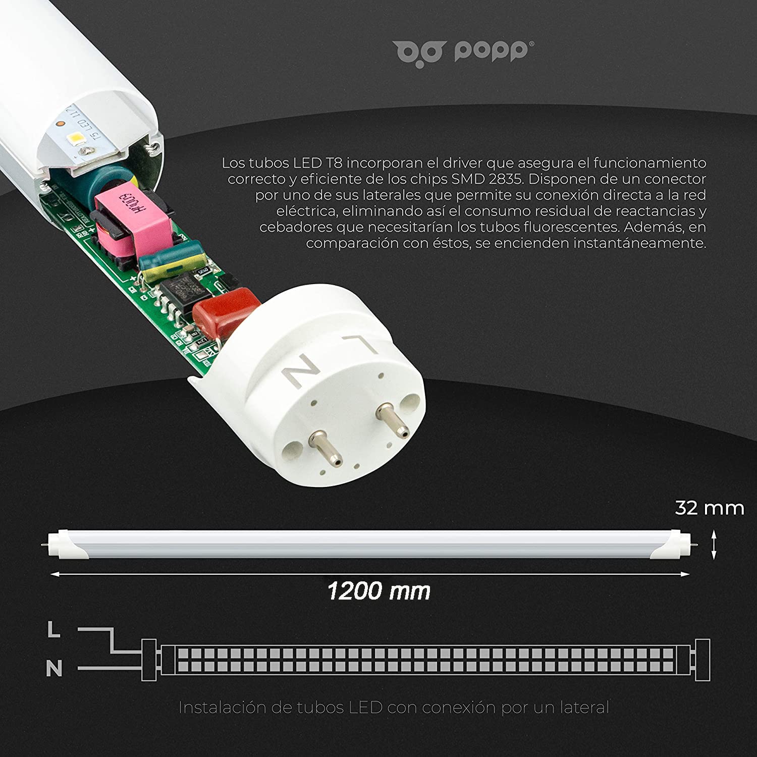 Popp® Pack x10 Tubo LED T8 Aluminio Conexión un Lateral 18W 120cm SMD 2835 1780Lm 150° 4000K (10 unidad, 4000K)