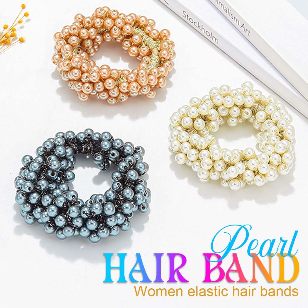 Reaky Pearl Hair Ties Beige Elastic Ponytail Holders Beaded Scrunchies 3 Pcs Stretchy Accessories for Women - Image 2