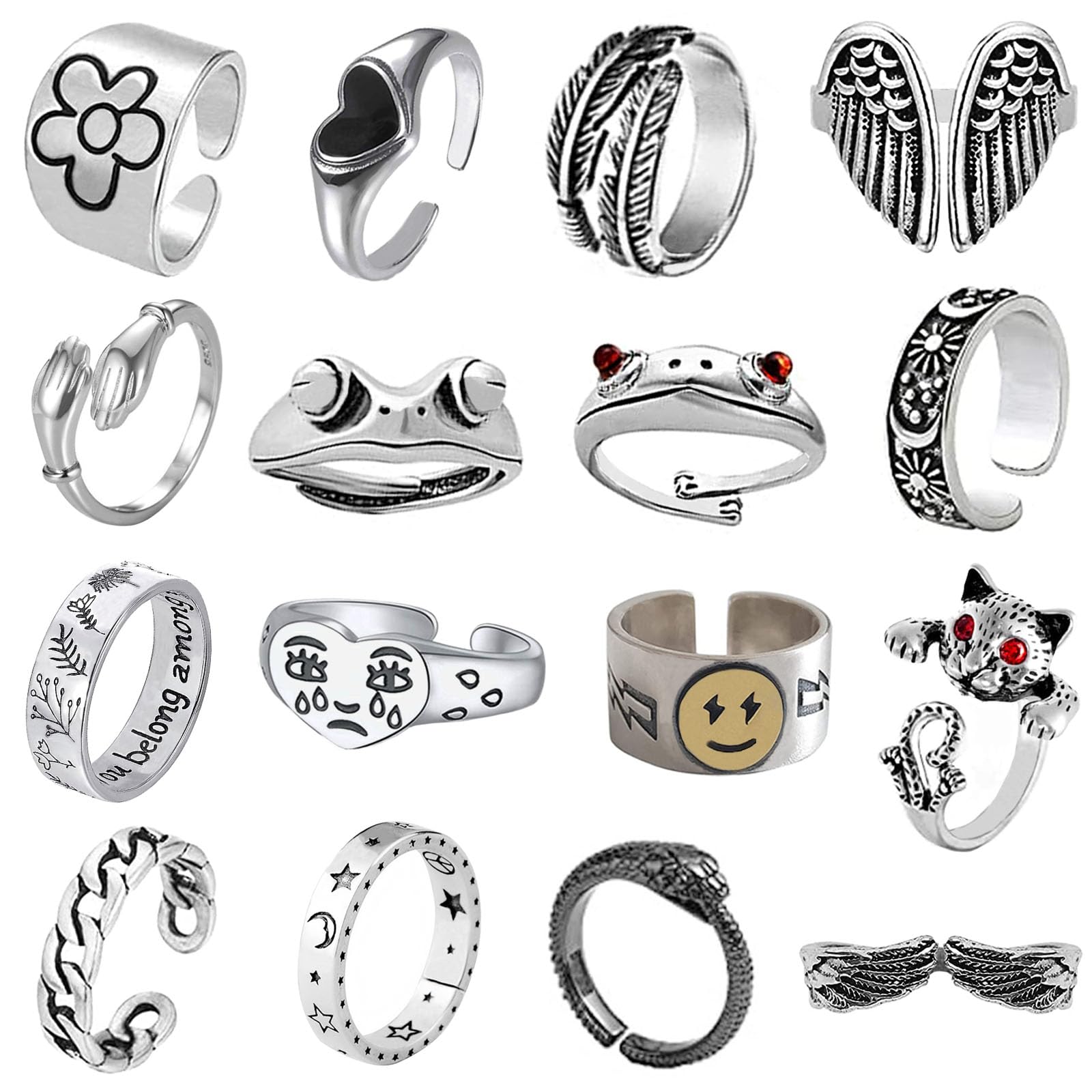 Aogrzun16 Pcs Cool Silver Plated Frog Open Rings Set, Vintage Matching Rings, Cute and Stylish, Snake, Hug, Moon and Sun Rings for Couples for Women Men